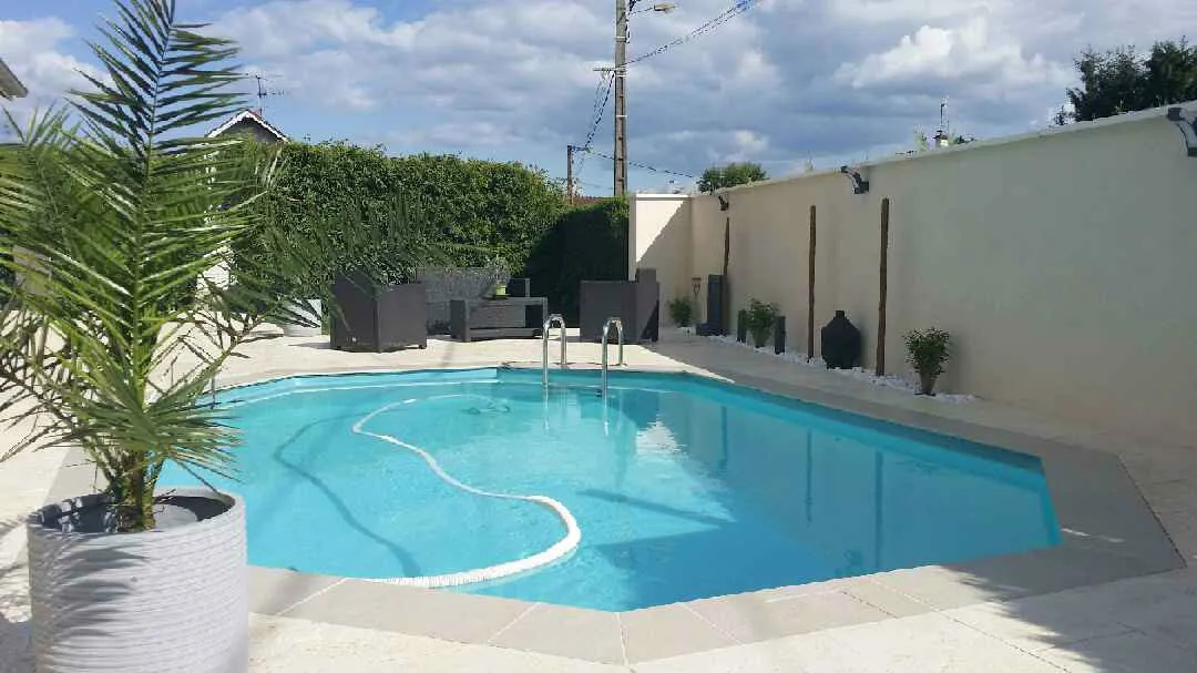 Plage de piscine claire avec un palmier en pot